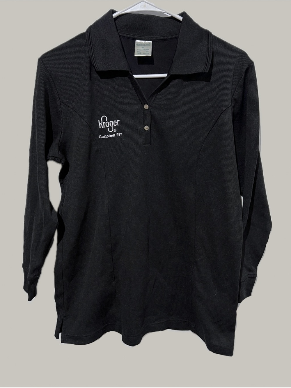 Kroger Customer 1st Retro Black Ribbed Polo Shirt Womens M Long Sleeve Uniform